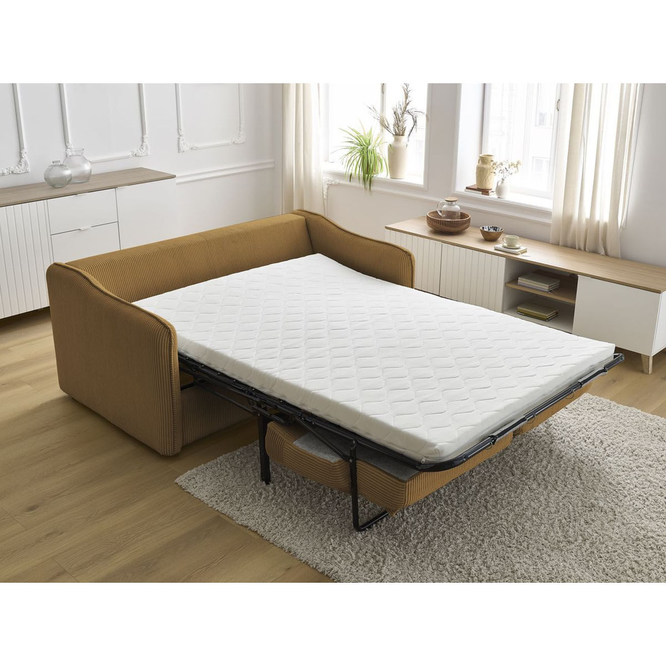 Bobochic Canapé droit convertible express en Velours côtelé 3 places Lenny jaune - 178x102x89 cm