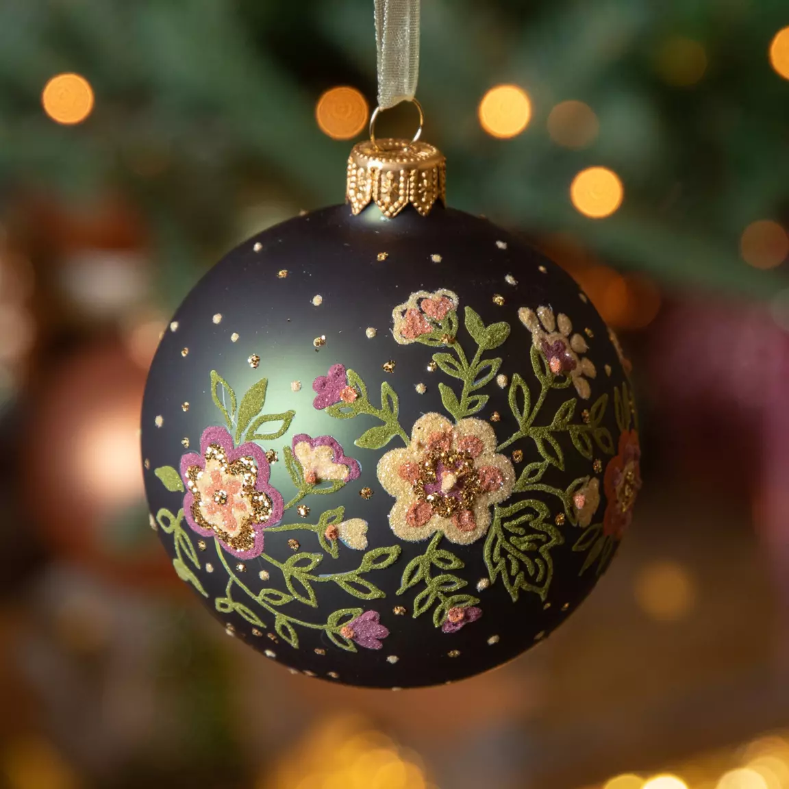 Lot de 6 boules de Noël (D80 mm) en verre Bouquet Vert sapin