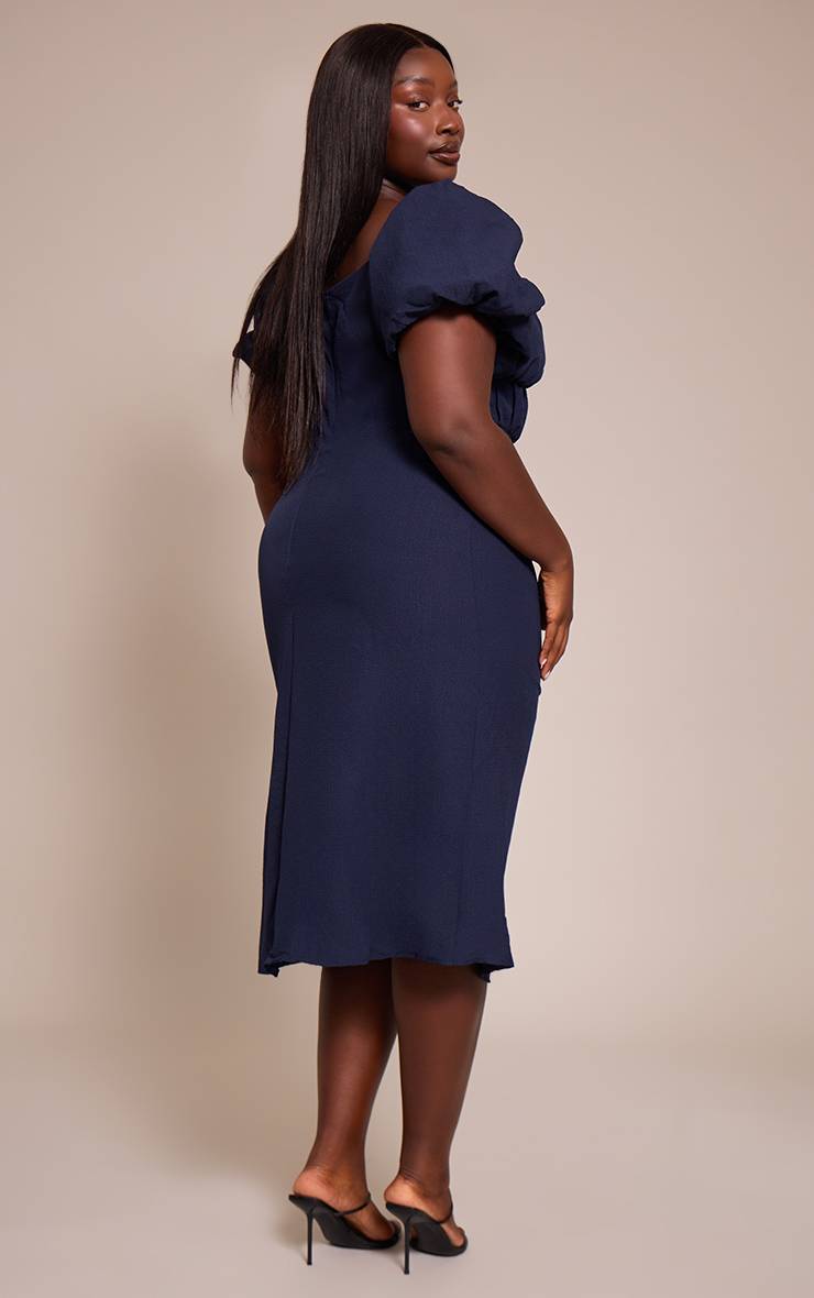 Bleu Marine Robe Midi Grande Taille À Manches Bouffantes Froncée Avec Fente Latérale