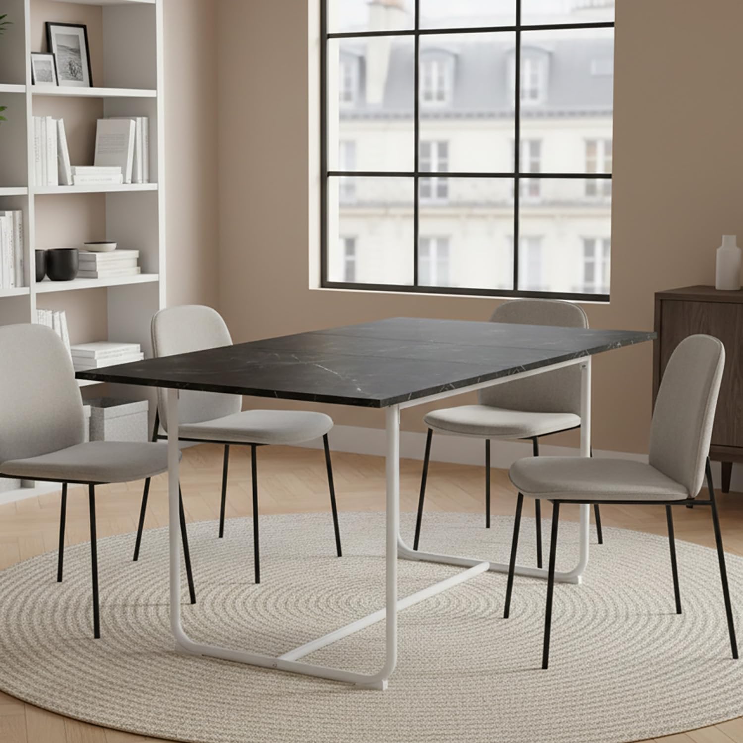 B&D home Esstisch Pius, ausziehbar 120-160 x 80 cm, 4-6 Personen Küchentisch Holztisch mit U Metallgestell für Esszimmer, Küche, skandinavisch Design, Marmor Optik, 11219-120-UW-MSCH
