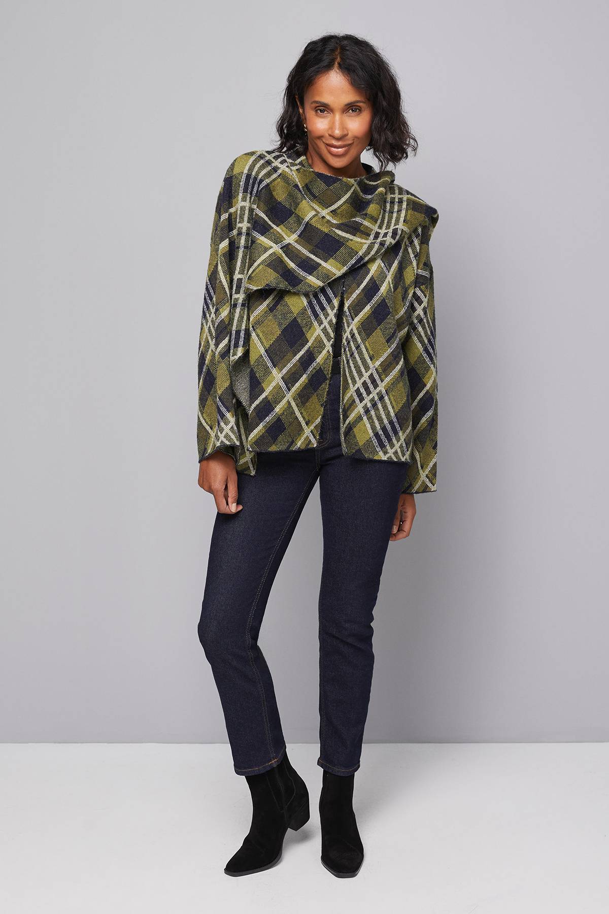 Wallis Cardigan Cape à Carreaux Écossais avec Écharpe