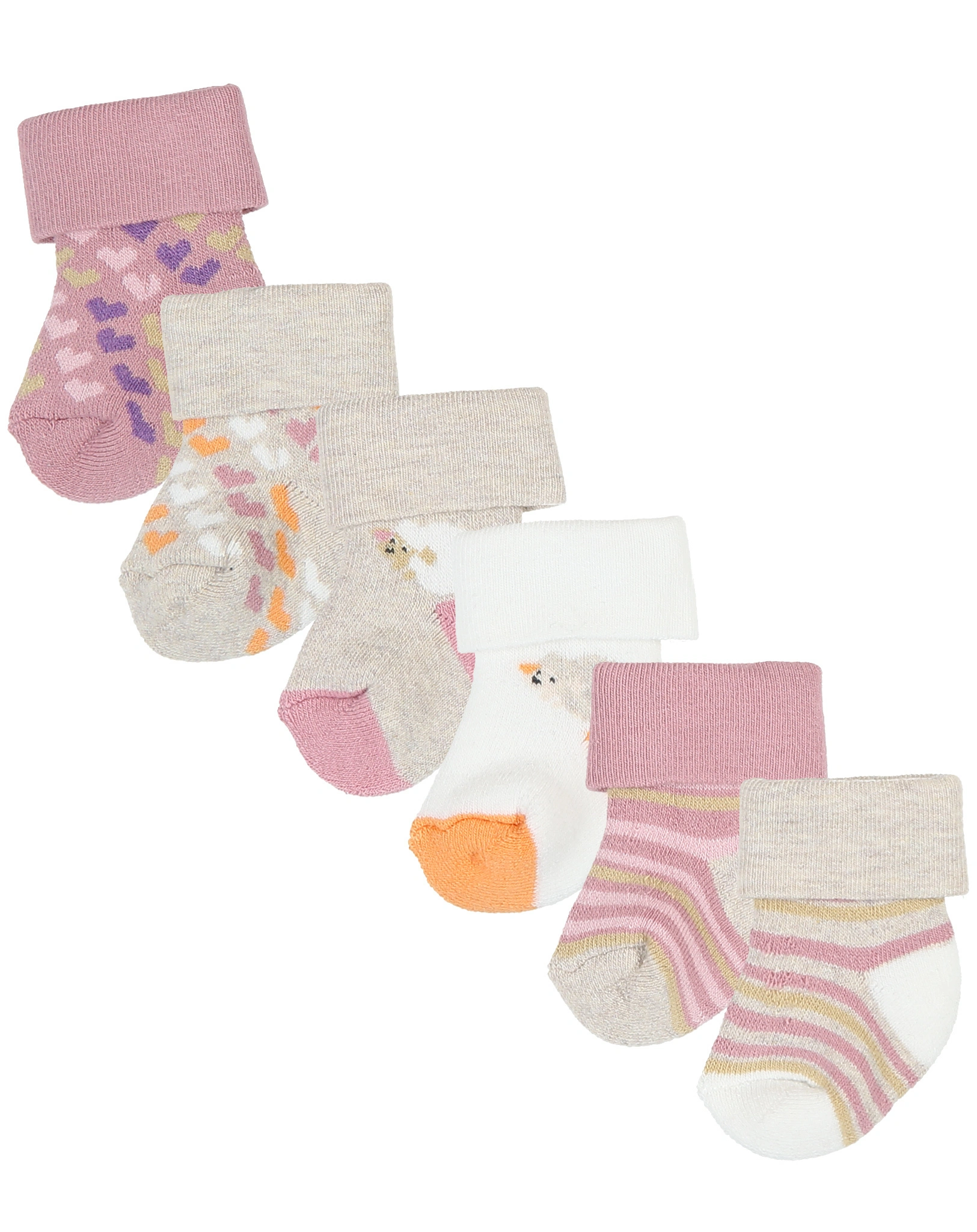 Erstlingssöckchen SCHAF/HERZEN/RINGEL 6er-Pack in rosenrauch/dunkelbeige
