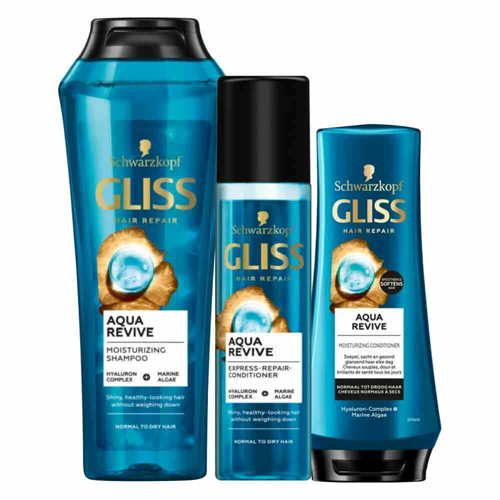 Gliss Aqua Revive - Shampoo, Conditioner & Anti-klit Spray - Pakket