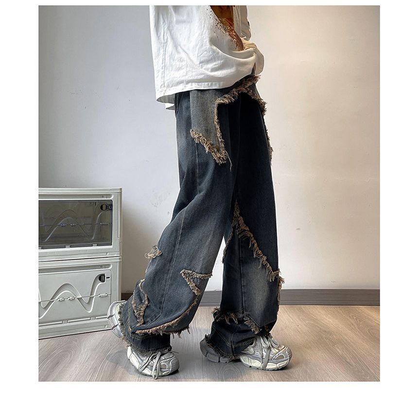 Savenne - Mid Rise Star Applique Washed Frayed Wide Leg Cargo Jeans