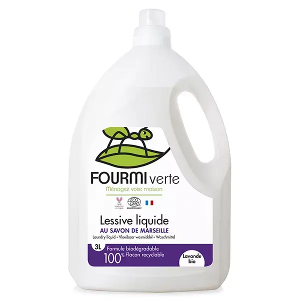 Detergente líquido orgânico para roupas Fourmi Verte com aroma de lavanda, 3 litros.