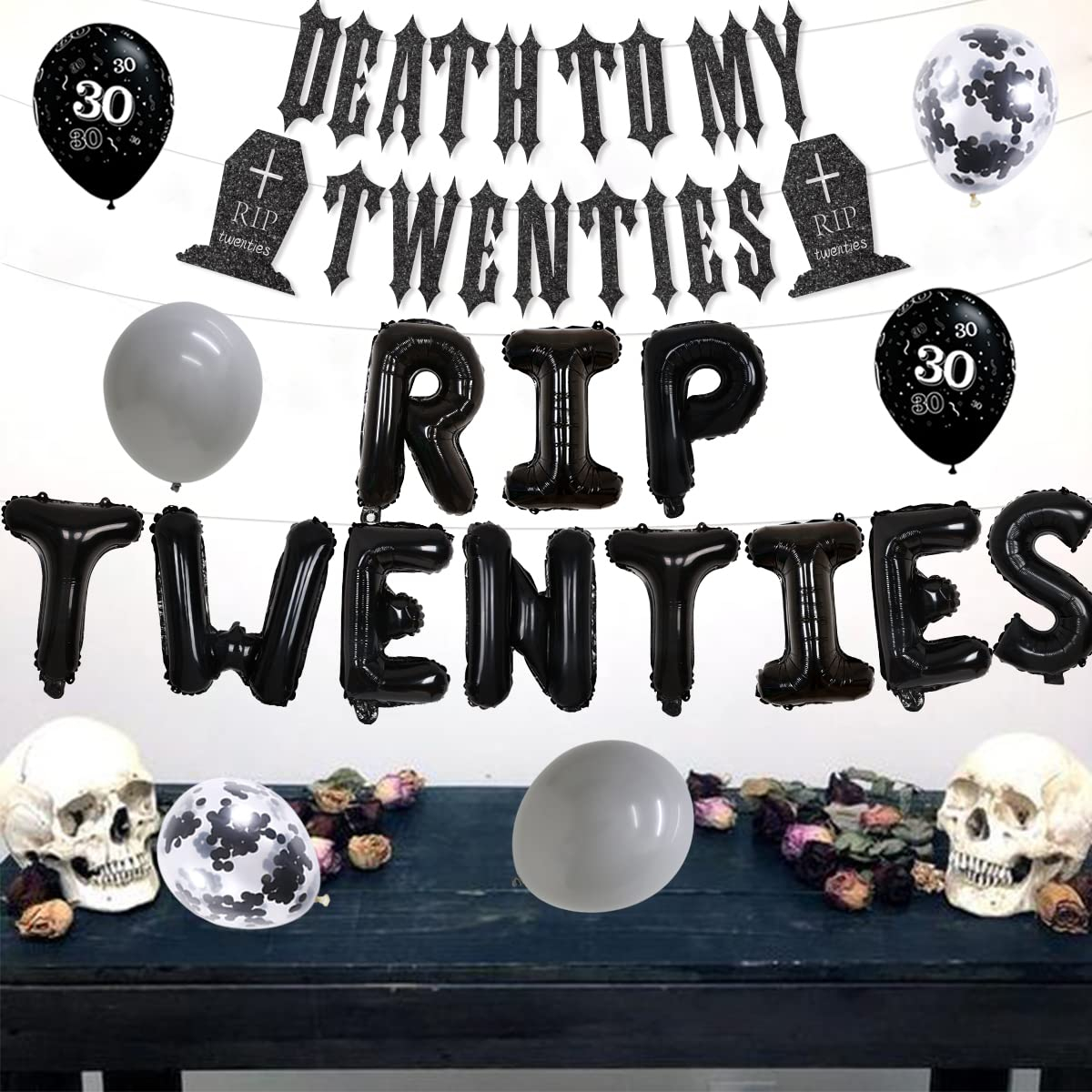 (21-tlg. Set) R.I.P Twenties Girlande 30. Geburtstag Party Deko Grusel Grabstein Latex- und Folienballons / Lametta Vorhang / Girlande / Schärpe