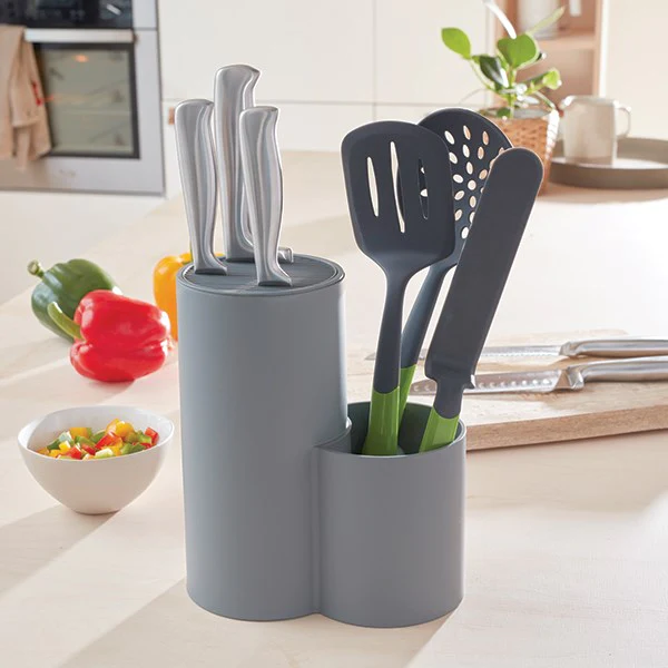 Bloc couteaux universel 2 en 1 avec porte-ustensiles gris Mathon