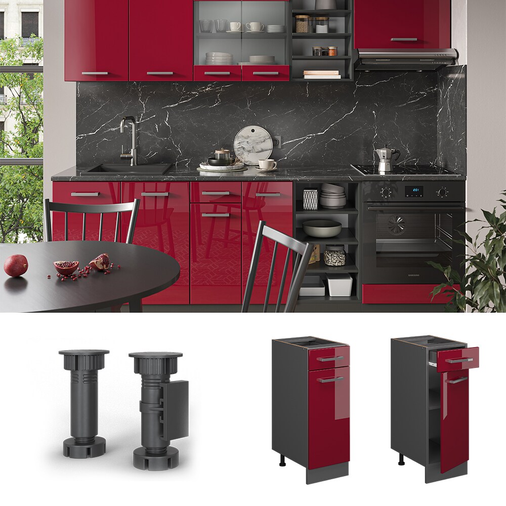 Vicco Schubunterschrank Küchenschrank Küchenzeile R-Line 30 cm Anthrazit Bordeaux Tür Schublade