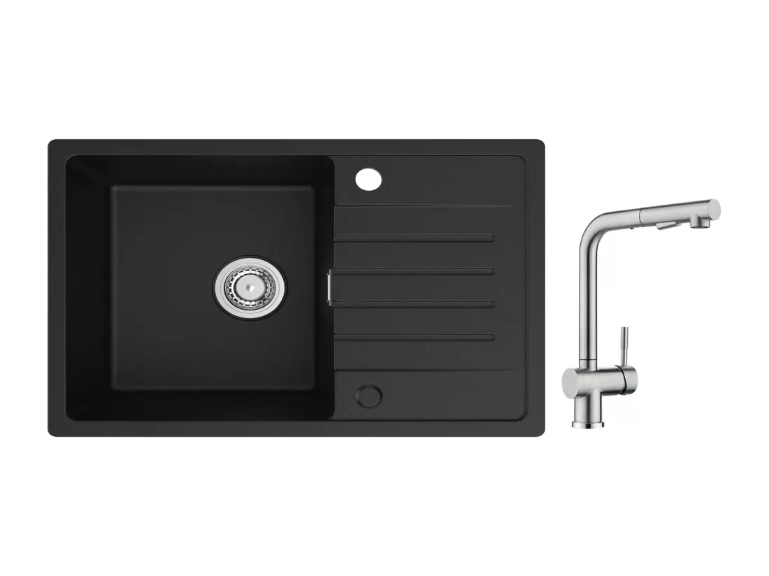Cecipa max 78x45cm Evier 1 Bac avec Egouttoir Evier à encastrer Quartz et résine Noir + Robinet avec Douchette Mitigeur d'évier Extractible Brossé