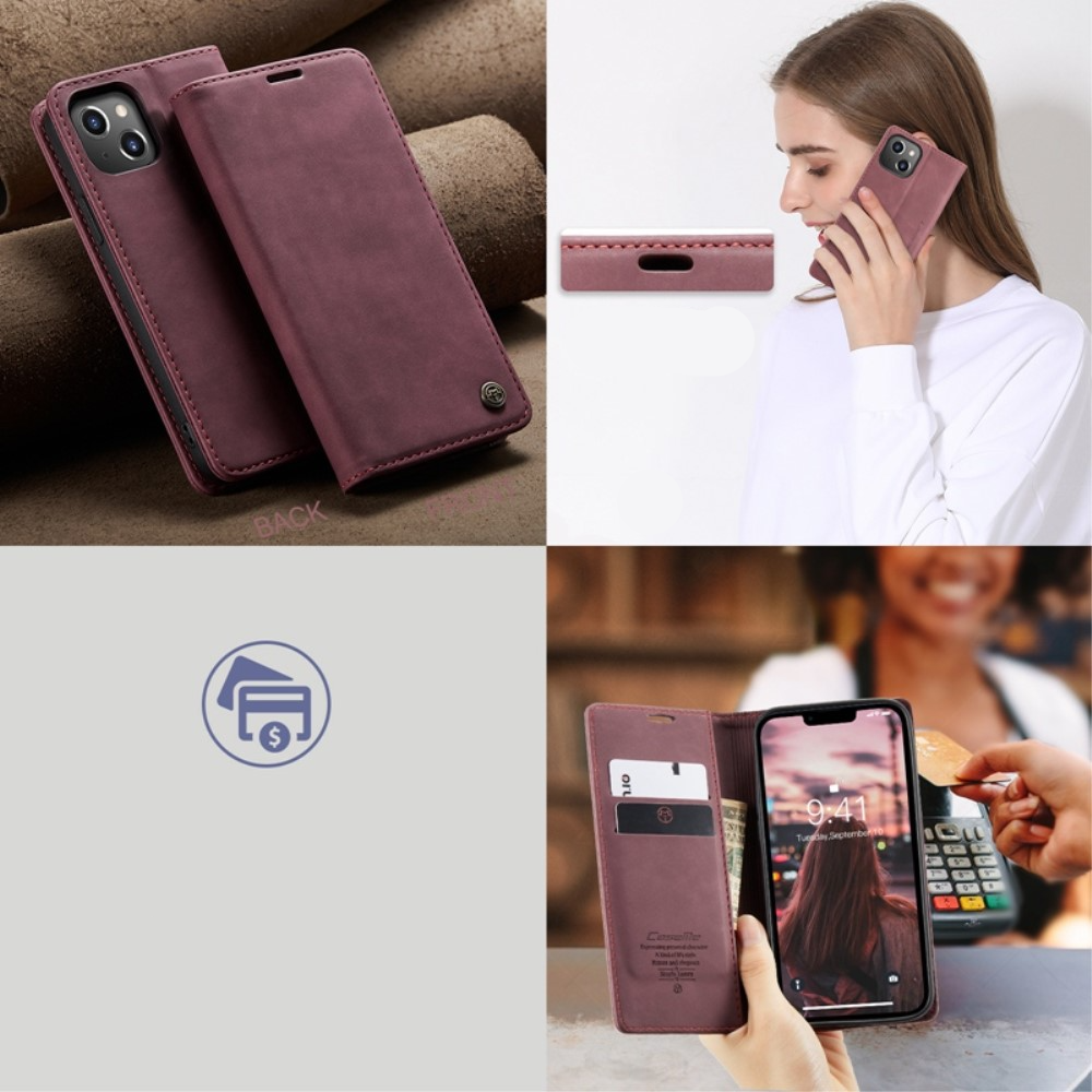 iPhone 14 Leder Tasche Flip Wallet Etui mit Kartenfächern - Dunkelrot