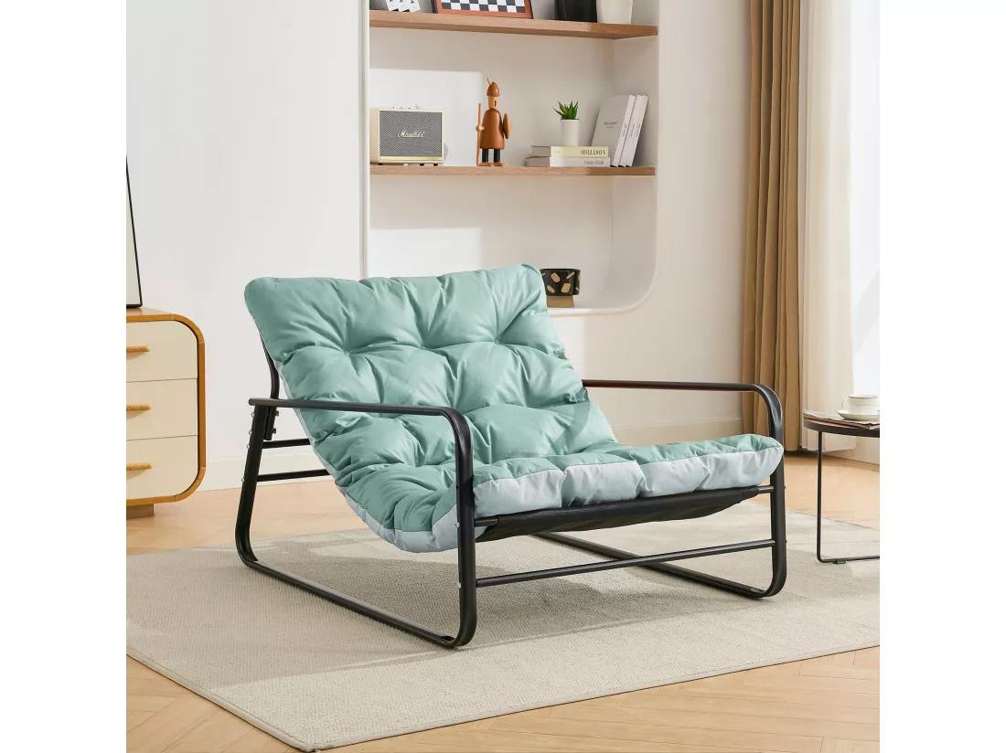 Fauteuil salon, transat jardin réversible, chaise longue balcon acier, fauteuil rembourré 2 pers, meuble terrasse (bleu + gris)