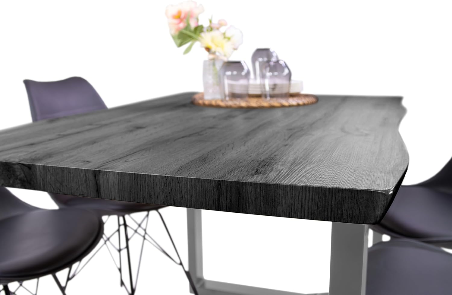 SAM Esstisch Josy | 140 x 80 cm | Holz-Optik in Grau | U-Gestell Metall Silber | 40 mm Tischplatte mit Baumkante | Tisch für Esszimmer & Küche