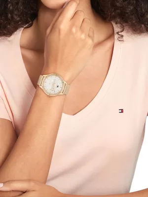 Relógio com mostrador em cristal dourado rosê