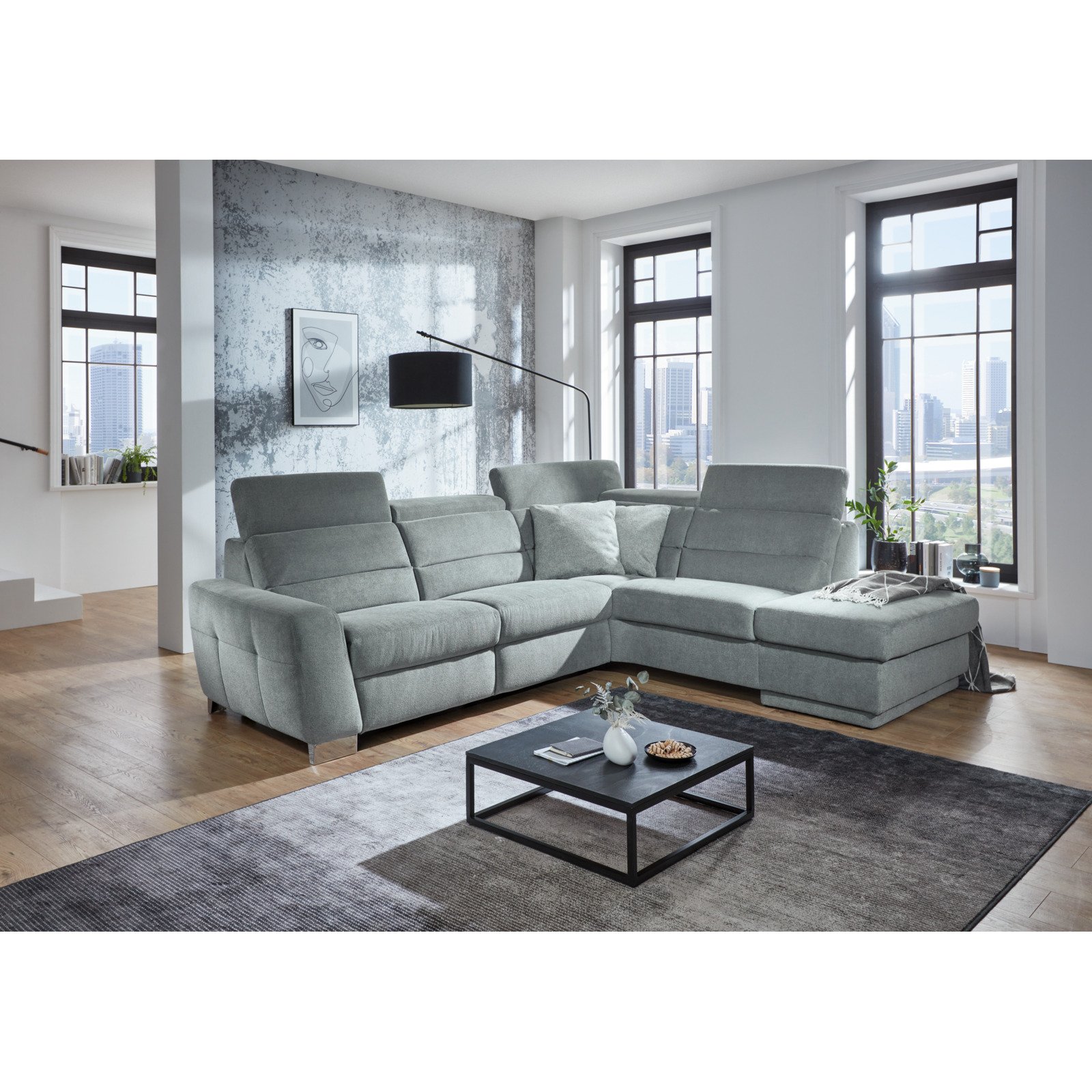 Ecksofa Regensburg Stoff steel, Ottomane rechts