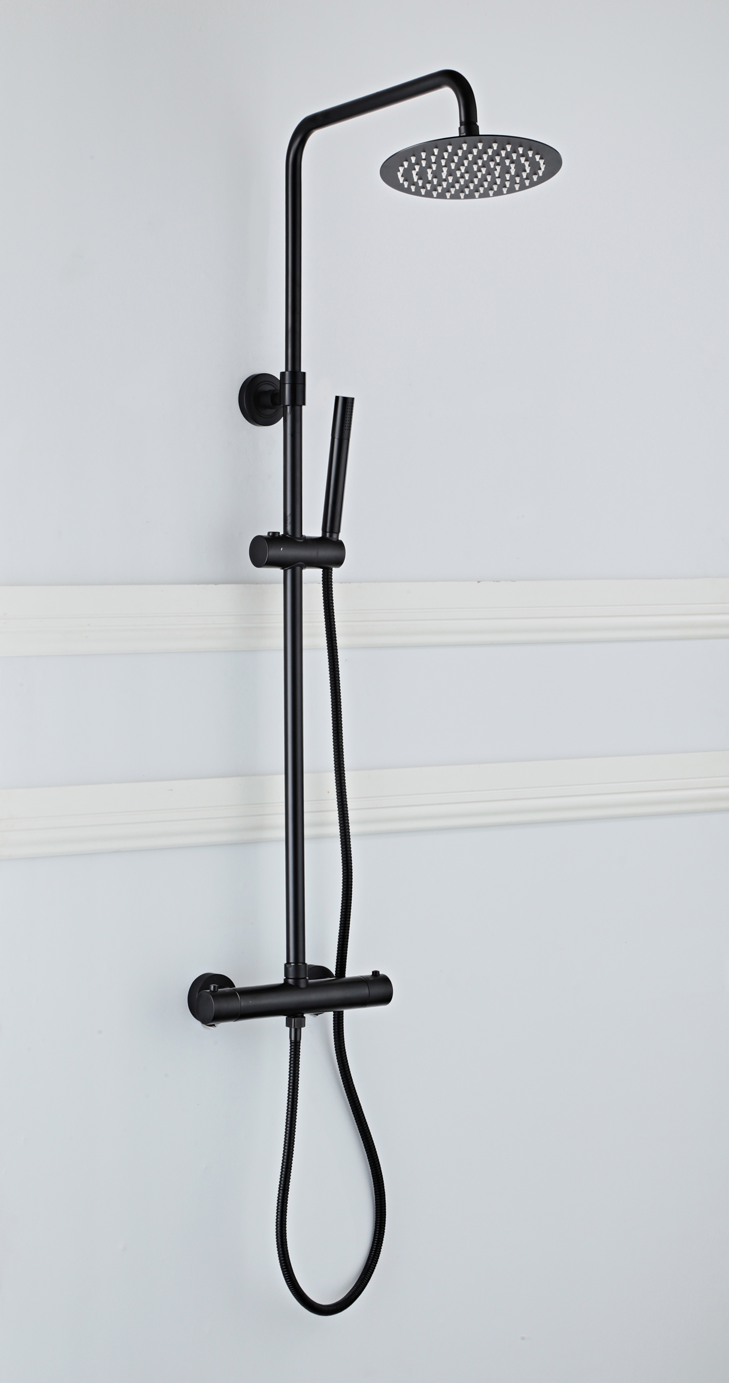 Saniclear Nero mat zwart opbouw regendouche 20cm met thermostaatkraan en staafhanddouche