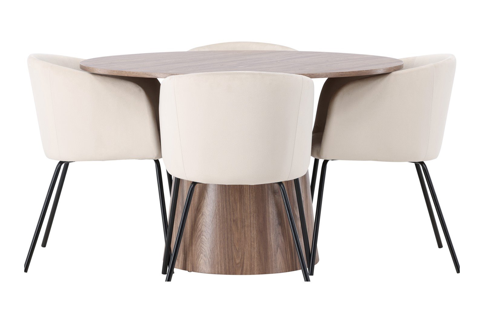 Lanzo og Berit Spisegruppe Lanzo rundt spisebord ø120cm i natur med 4 stk. Berit med arm spisestoler i Beige fløyel og sorte ben.