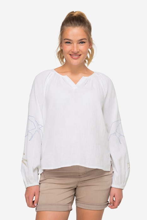Bluse, Vogel-Stickerei, Tunika-Ausschnitt, Raglan-Langarm