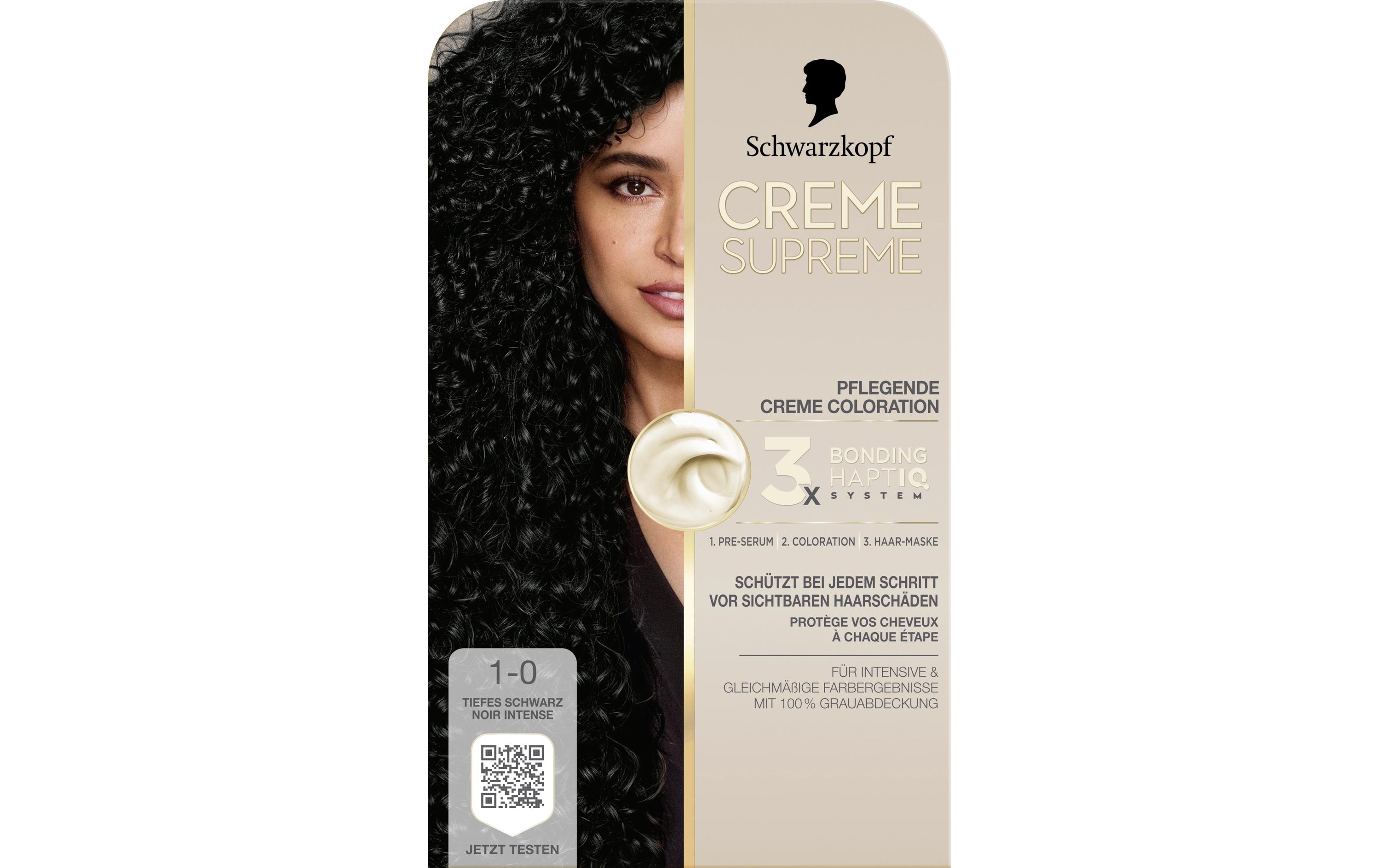 Haarcoloration Creme Supreme 1-0 Tiefes SchwarzColoration, schützt das Haar sichtbar vor Haarschäden