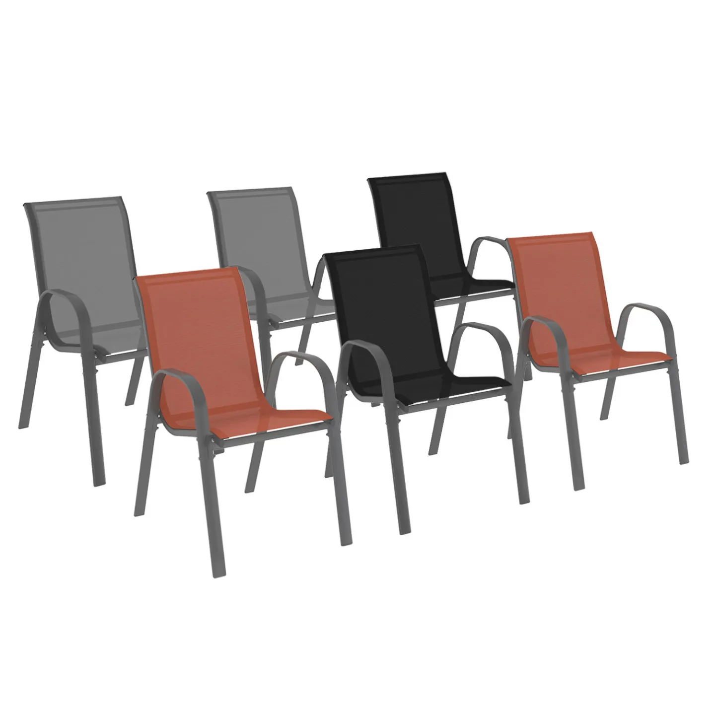 Lot de 6 chaises de jardin LYMA métal et textilène empilables gris noir et terracotta