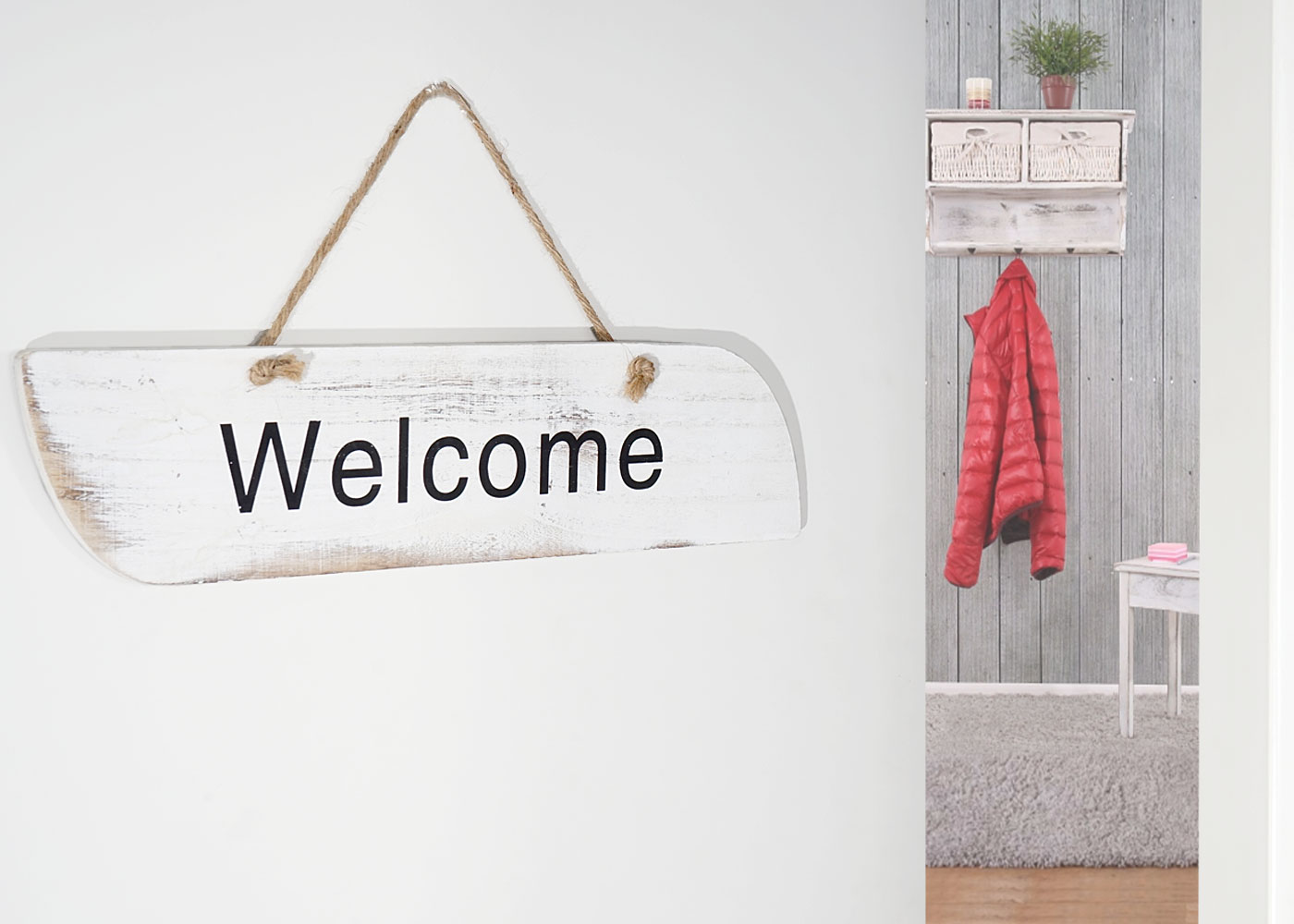 Wandschild Wilkommen, Dekoschild Holzschild, Shabby-Look 10,5x43x1cm ~ weiß