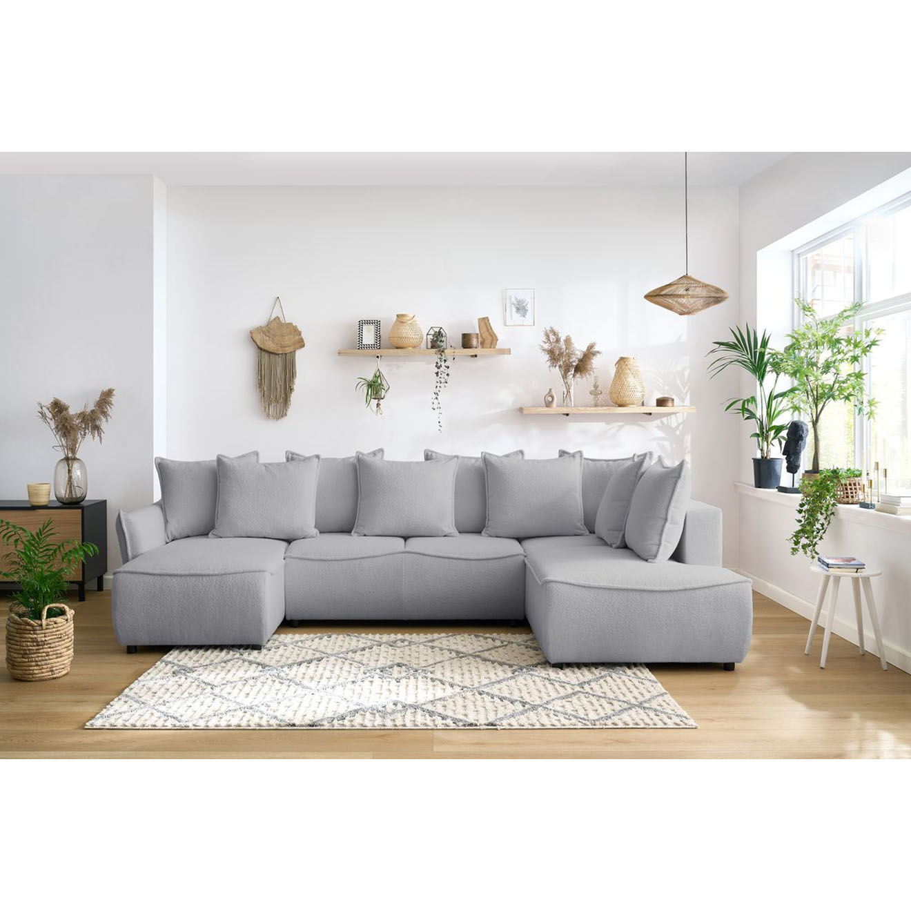 Bobochic Canapé panoramique convertible coffre d'angle gauche bouclette léon gris clair - 320x194x90 cm
