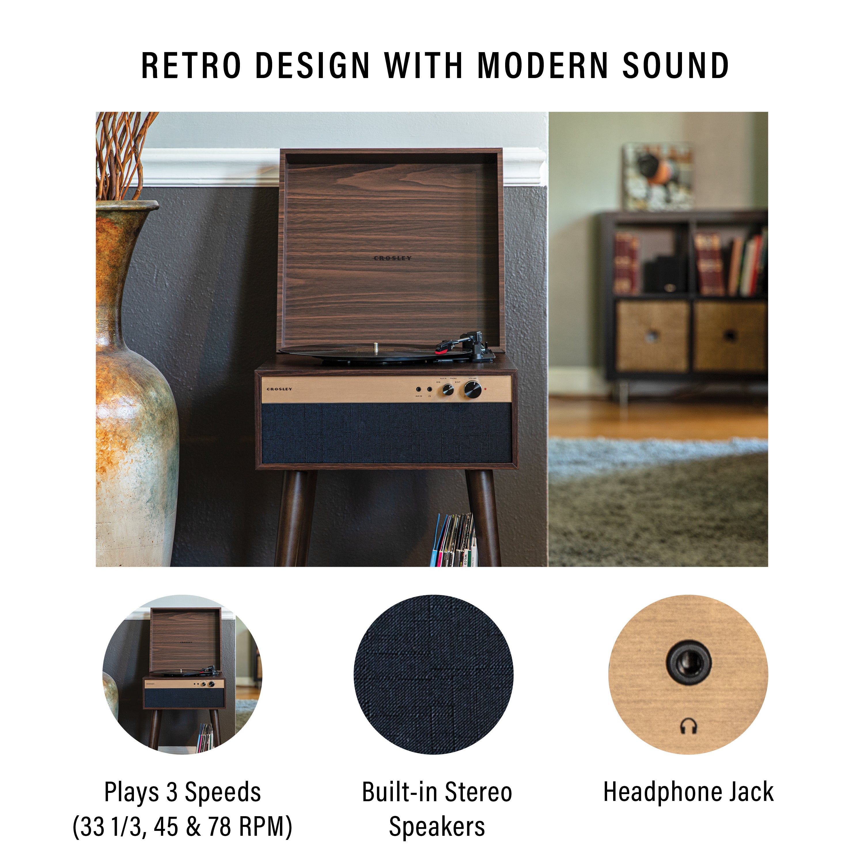 Crosley Jasper Walnut platenspeler/mediaspeler op pootjes