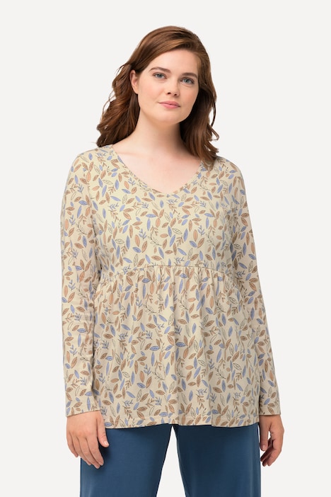 Schlafshirt, Blätter, V-Ausschnitt, Langarm, Biobaumwolle