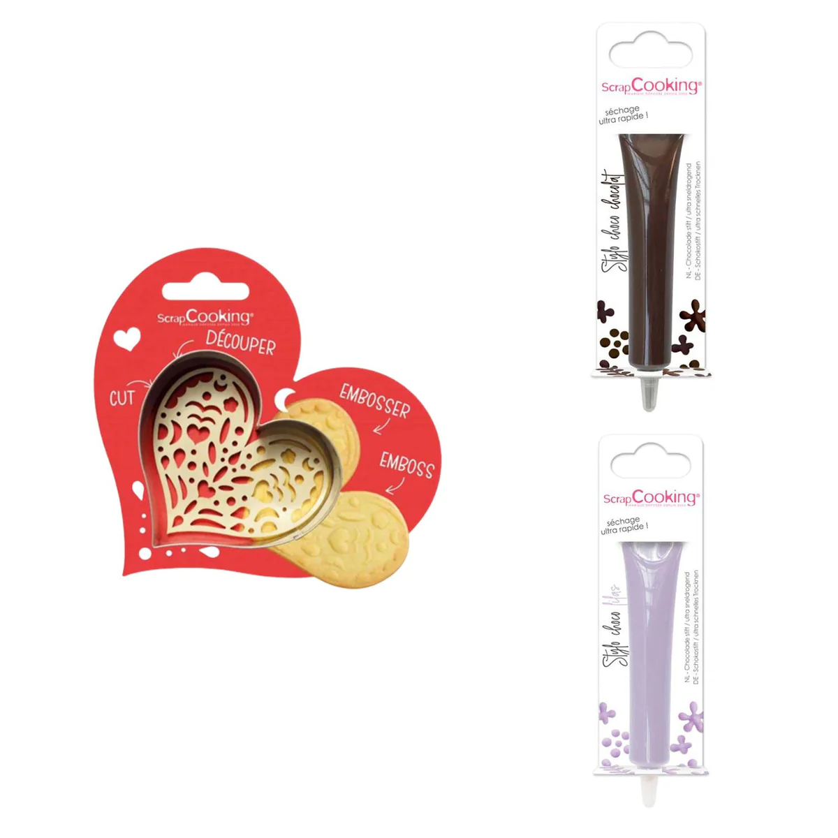 Kit pour biscuit en relief Coeur + 2 Stylos au chocolat marron et lila