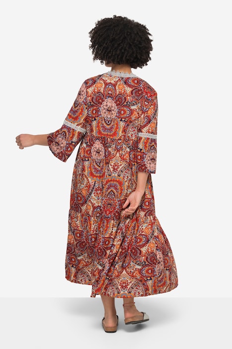 Maxikleid, A-Linie, Alloverdruck, Tunika-Ausschnitt, 3/4-Ärmel