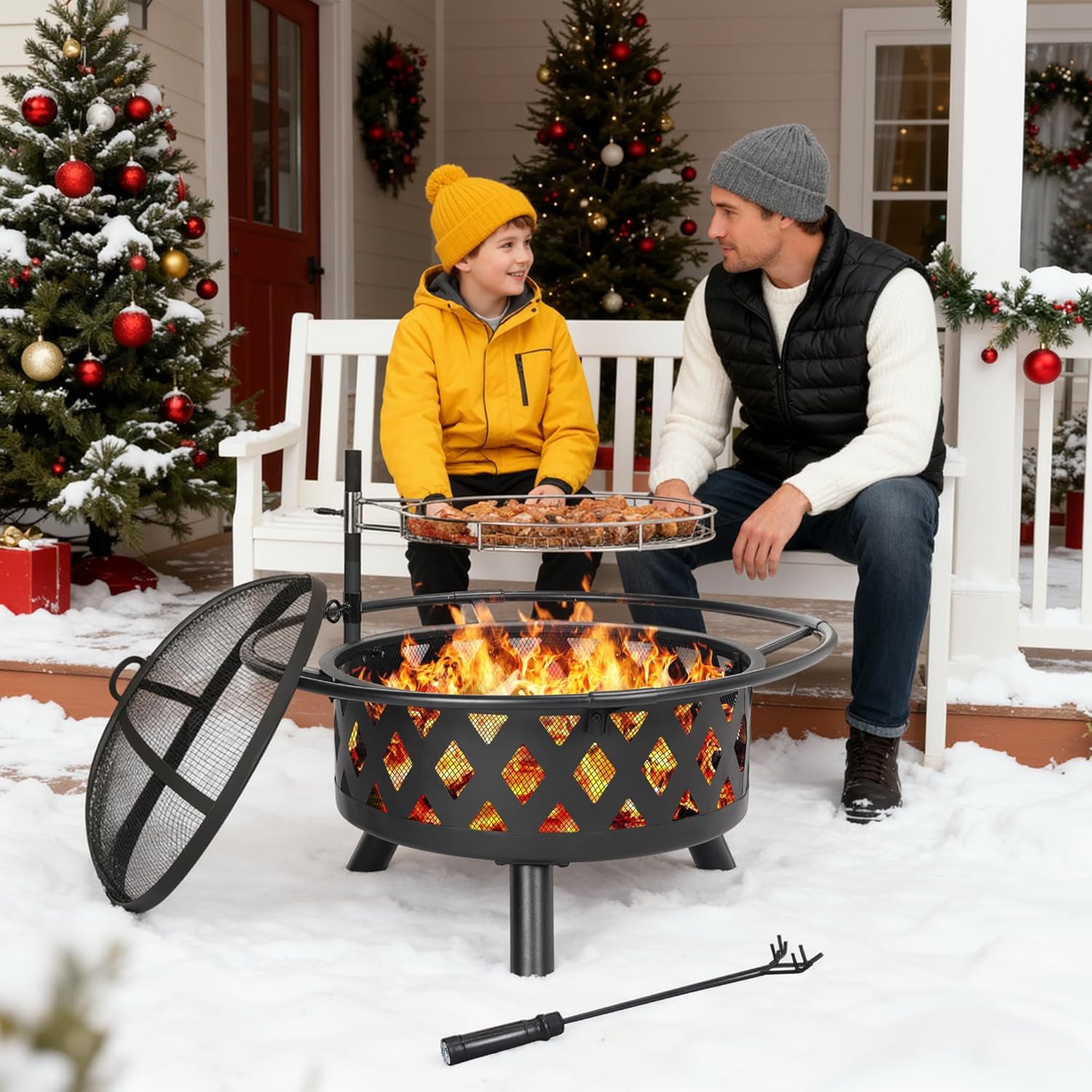TLSUNNY Feuerschale mit Drehbarem Grillrost, Feuerschale Groß, Feuerschalen für den Garten mit Funkenschutz, Ø 76 cm Feuerkorb mit Schürhaken, BBQ Feuerstelle Outdoor, Multifunktional Fire Pit