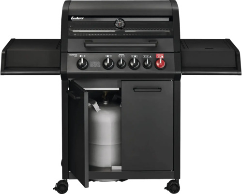 Enders Monroe Pro 4 SIK Turbo Shadow gasbarbecue in grafietgrijs met 4 branders, inclusief dekselthermometer, vetopvangbak, grillrooster, krachtige warmtezone, zijplank en warmhoudrek. Grillrooster: geëmailleerd gietijzer.