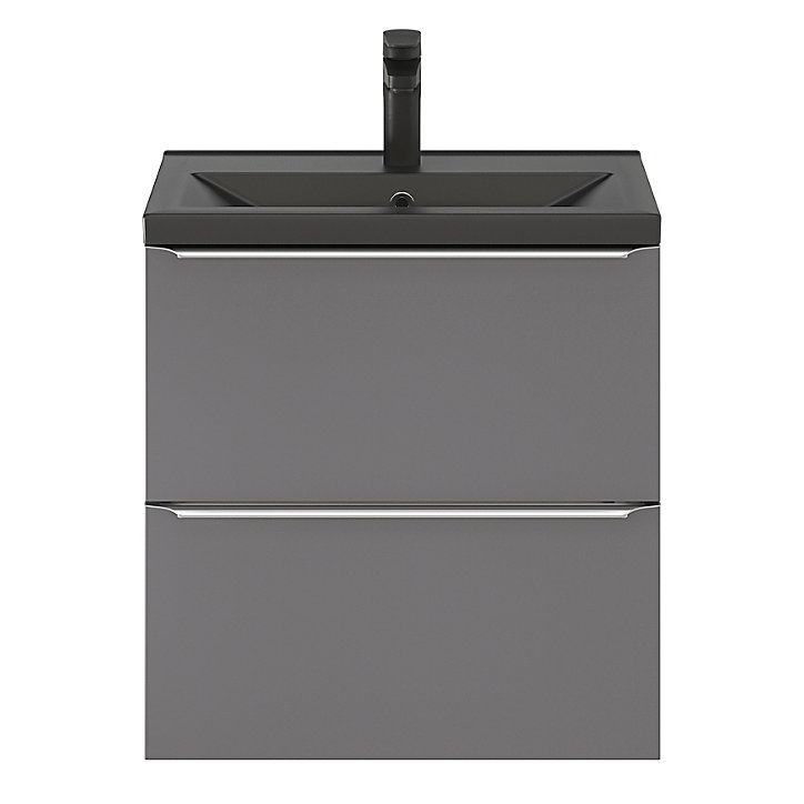 Ensemble salle de bains l.60 cm meuble à suspendre faible profondeur Imandra gris brillant + plan vasque céramique noir