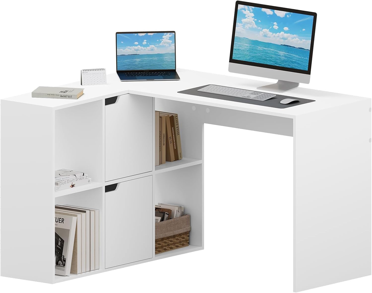 eSituro Schreibtisch L-Form, Eckschreibtisch mit Regalen, Weiß, 120x100x75 cm, Computertisch Bürotisch PC Tisch mit Ablagen, für Arbeitszimmer Wohnzimmer