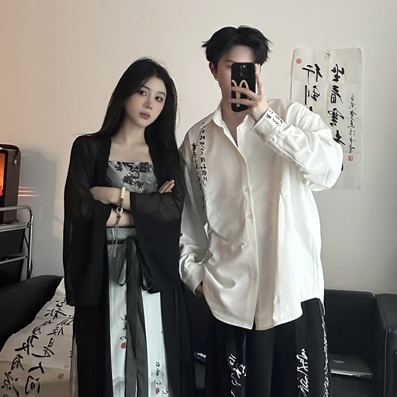 Azure - Koppel bijpassende lange mouwen shirt met Chinese karakters / wijde broek / cami top / maxi geplooide rok / lange cardigan