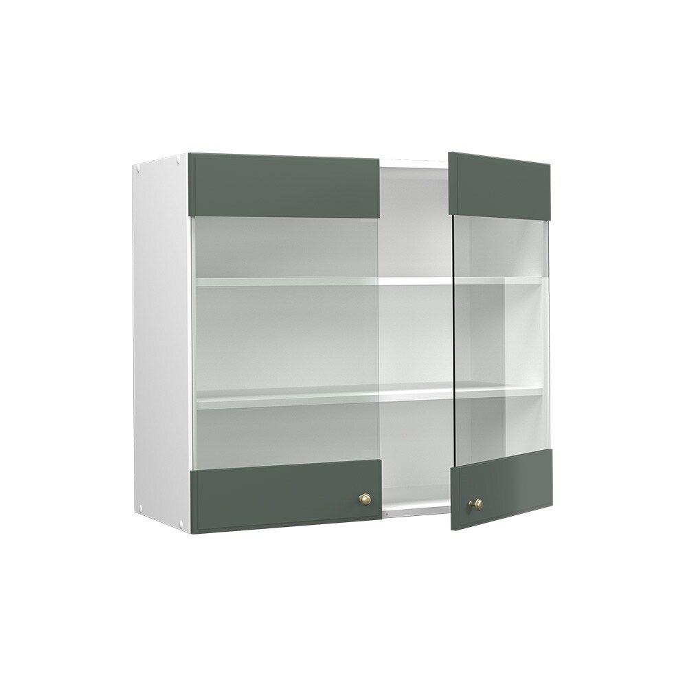 Vicco Hängeglasschrank Küchenschrank Küchenmöbel Fame-Line Weiß Grün-Gold Landhaus 80 cm Küche Einbauküche Hängeschrank Glasschrank Drehtür Einlegeboden Küchenzeile