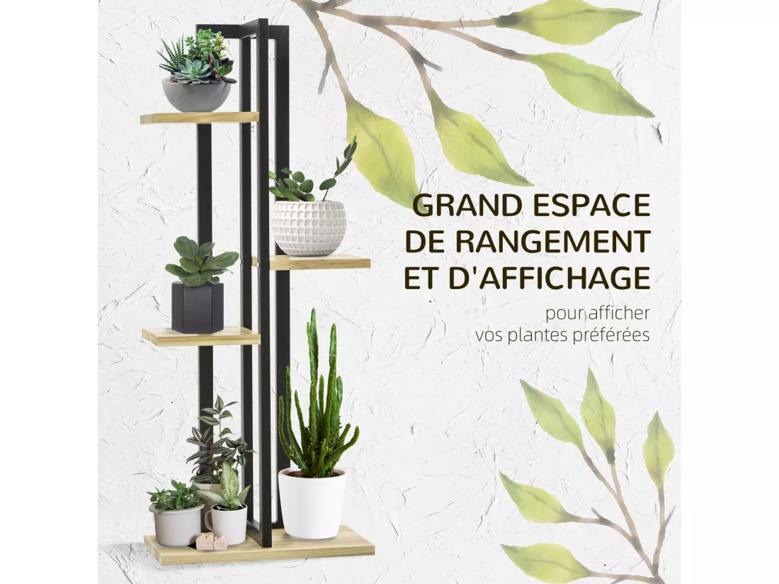 Support à fleurs style industriel 4 niveaux - porte plante 4 étagères - métal époxy noir bois sapin