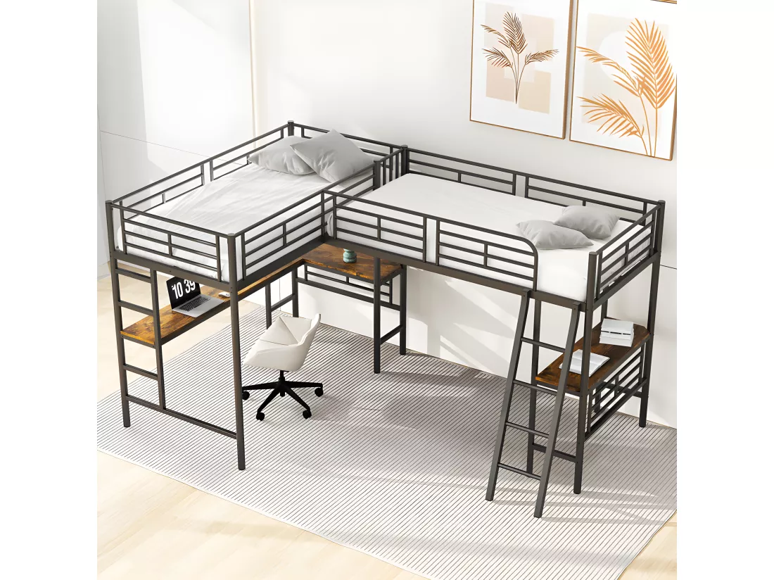 Lit mezzanine - 2 lits 90x200 cm - 2 bureaux sous le lit - Noir