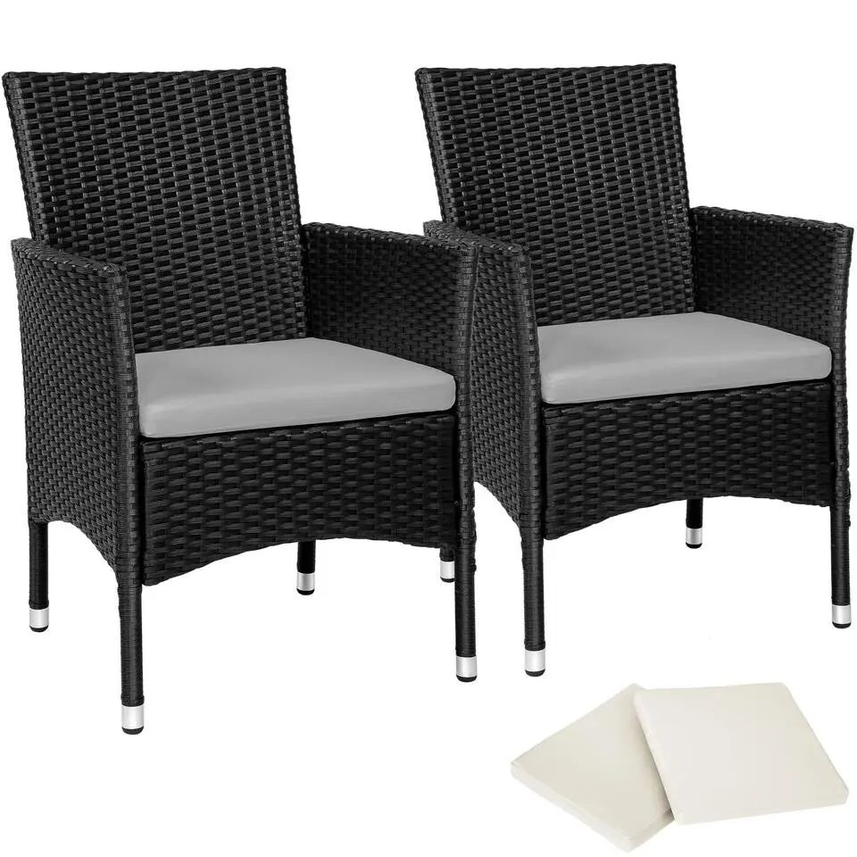 tectake 2 Wicker tuinstoelen met 4 kussenhoezen , Zwart/beige