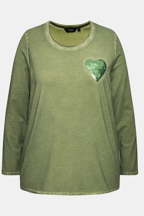 Shirt, cold dyed, Pailletten-Herz, V-Ausschnitt, Langarm