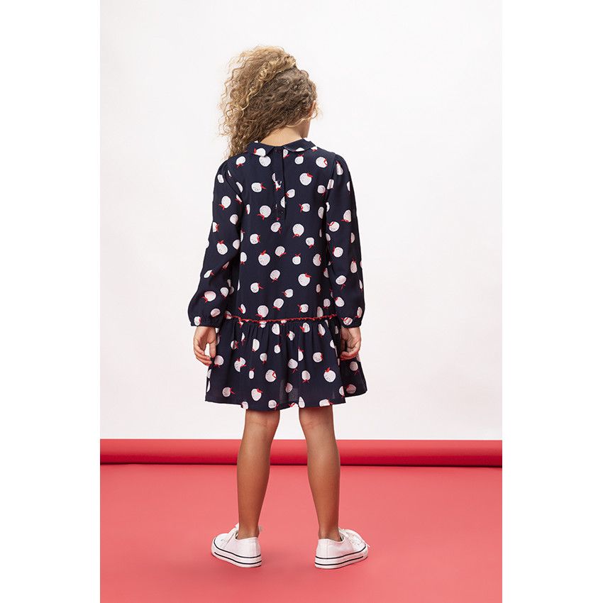 Robe courte manches longues imprimé pommes pour fille - Bleu marine