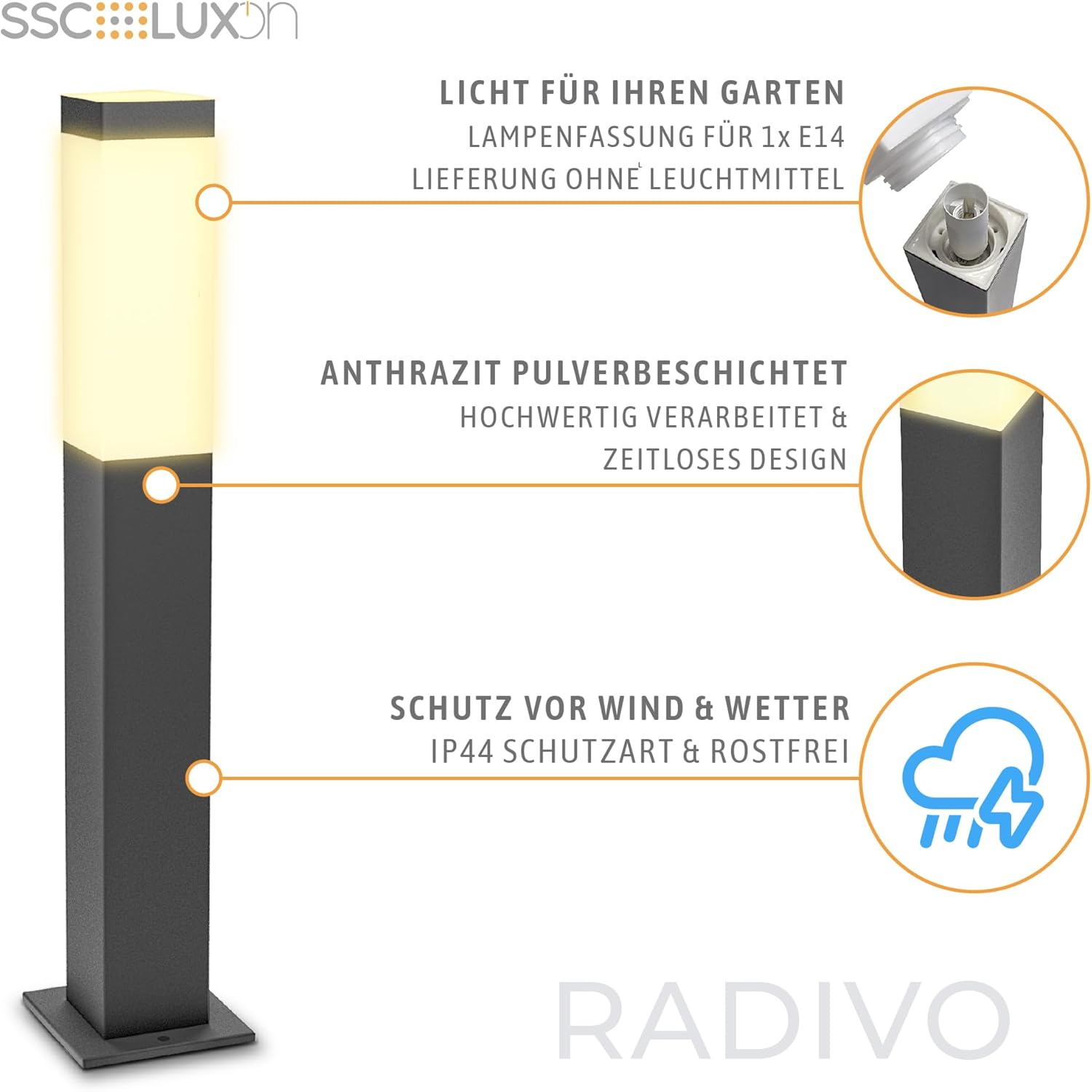 SSC-LUXon 4 Stück RADIVO Wegeleuchte Pollerleuchte Außen anthrazit mit E14 Fassung - Sockelleuchte Außenbereich IP44 Schutzart