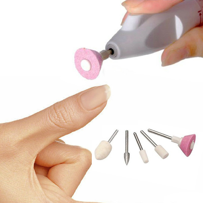 (5in1) Elektrische Nagelfräse Nagelpflege Polierwerkzeug Maniküre Pediküre (Batteriebetrieben) - Weiss / Rosa