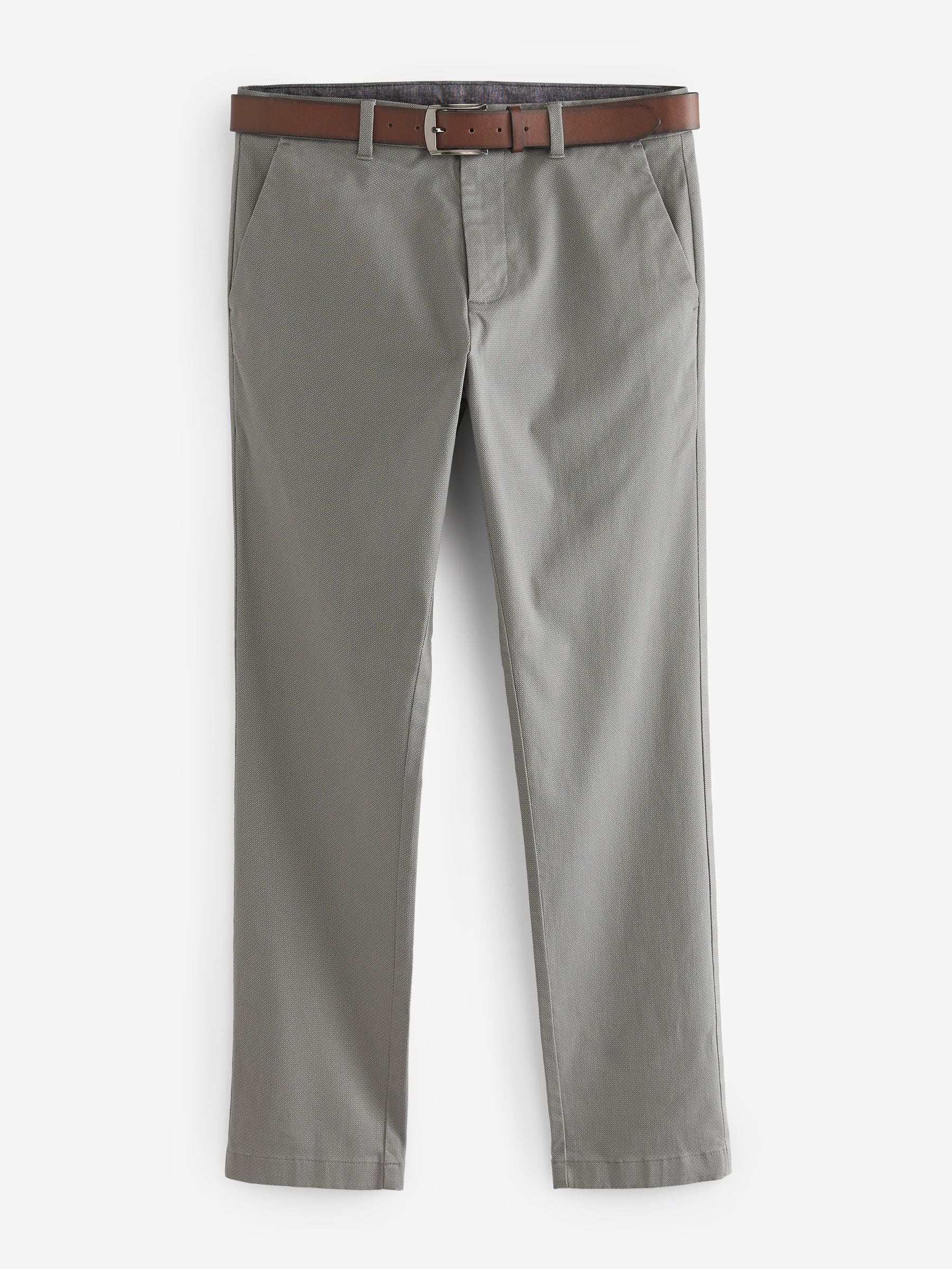 Grijs - Slim Fit - Zachte chino met print en riem
