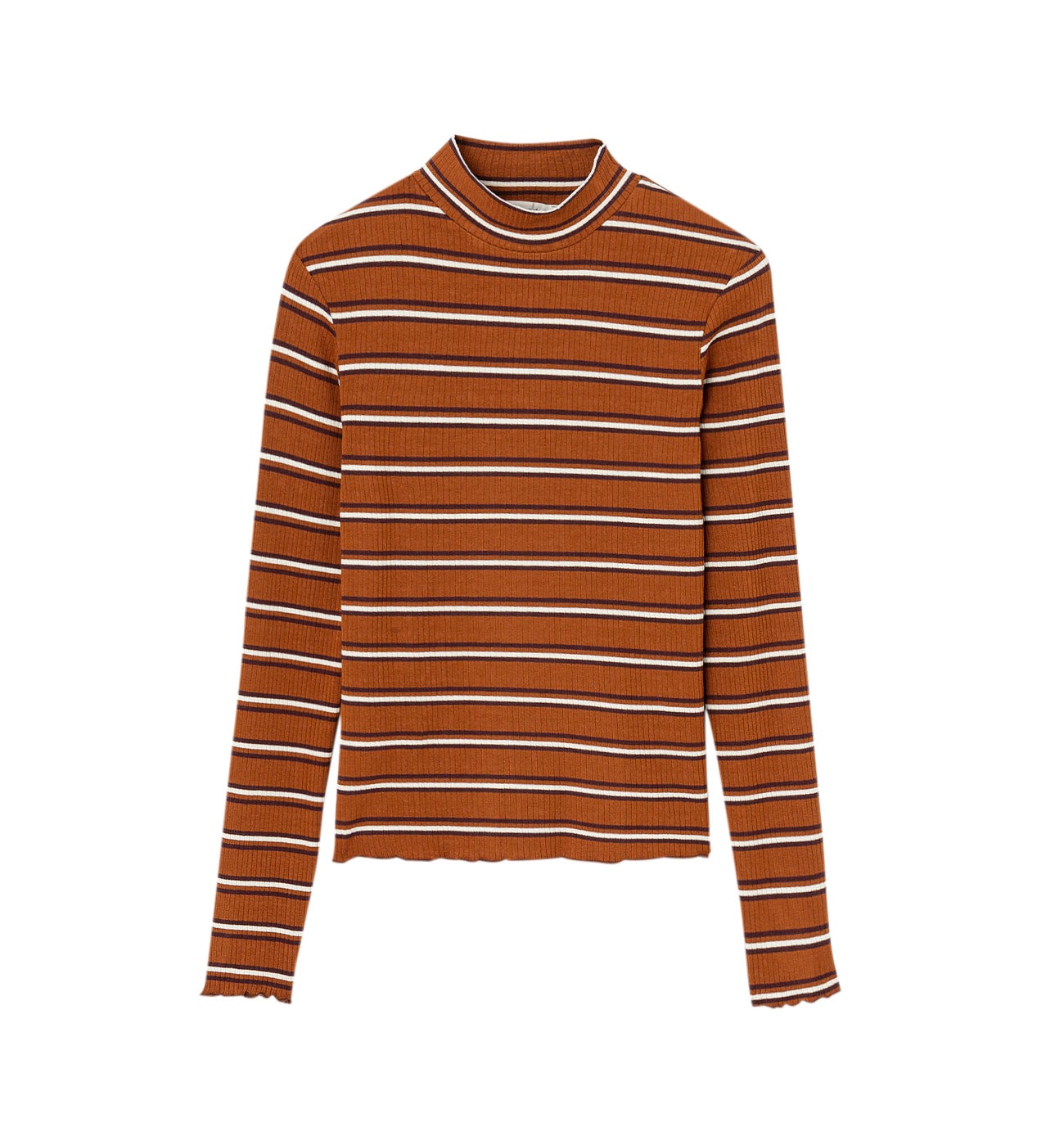 T-shirt col cheminée Femme - Rayé cognac