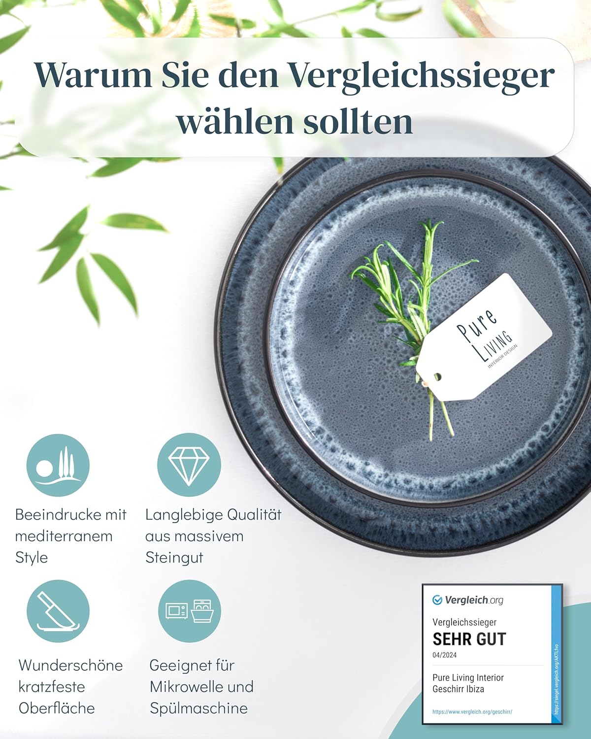Steingut Geschirrset 12 Personen Ibiza 36 tlg. TESTSIEGER, Traumhaftes Mediterranes Steingut Geschirr Set, Schüssel- und Teller Set, Tafelservice 12 Personen, Geschirrsets Pure Living in Rauchblau