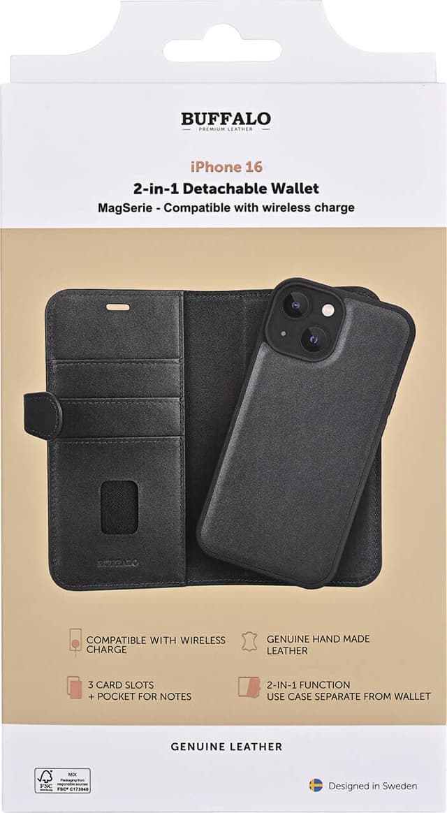 Buffalo iPhone 16 2in1 Leather MagSeries pungetui (sort)