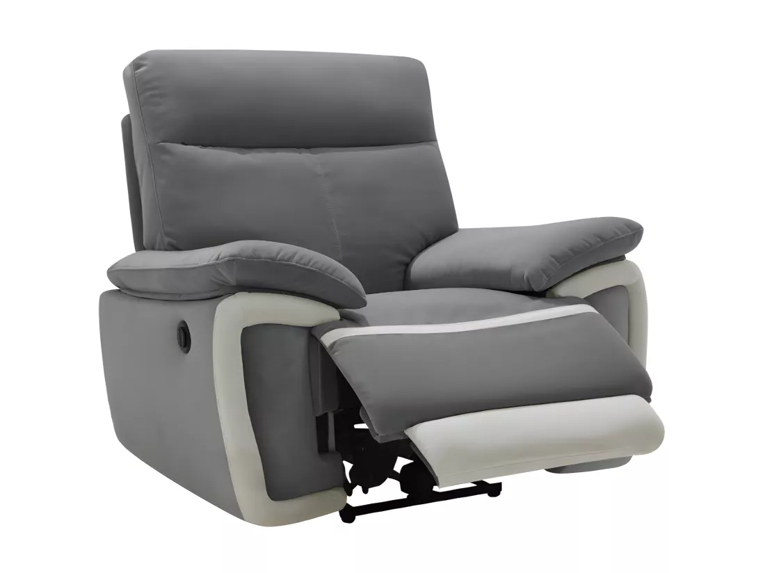 Canapés 3 places et un fauteuil relax électrique en velours METTI - Gris et bandes écru