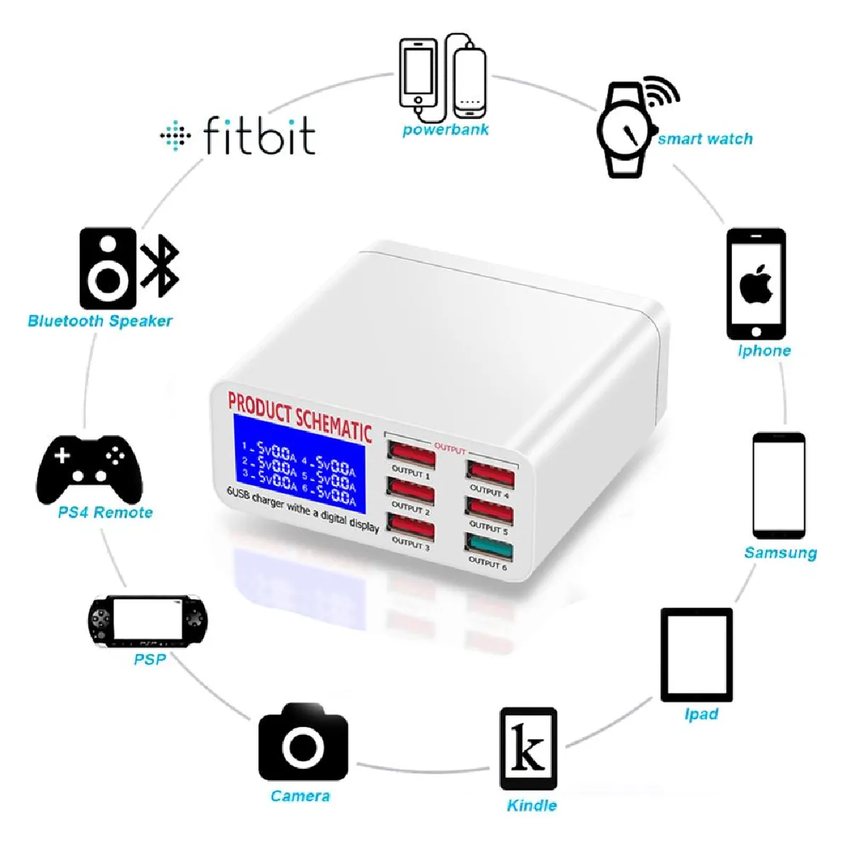 Universal Chargeur USB 6 ports avec écran LCD - Blanc