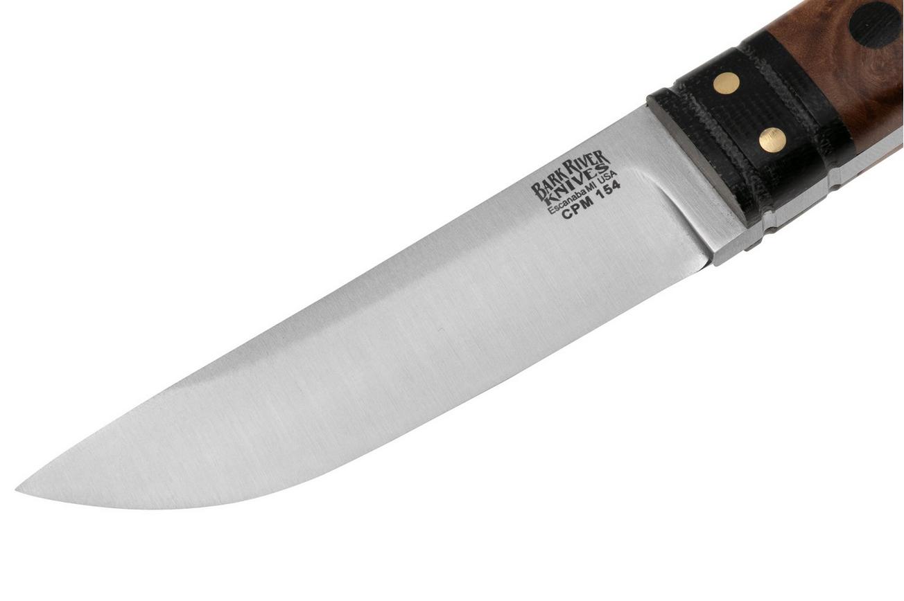 Bark River Kitsuné CPM 154 Natural Maple Burl Black Micarta Bolster and Pins, vaststaand mes