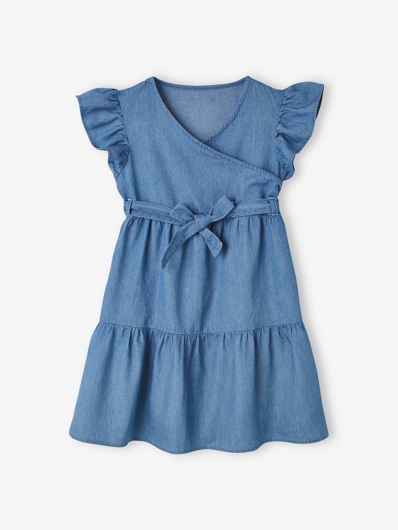 Vestido envelope leve em denim para meninas, lavagem azul escura.